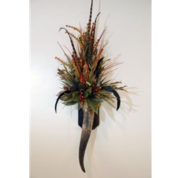 Western Horn Wall Sconce with Natural Protea and Rooster Feathers